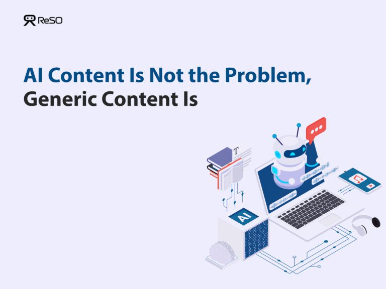 AI robot and laptop illustration representing AI-generated content and generic content